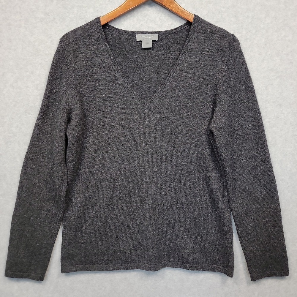 ANN TAYLOR Cashmere Sweater‎ Sz L Charcoal Quiet Lux Pullover Lightweight V-Neck